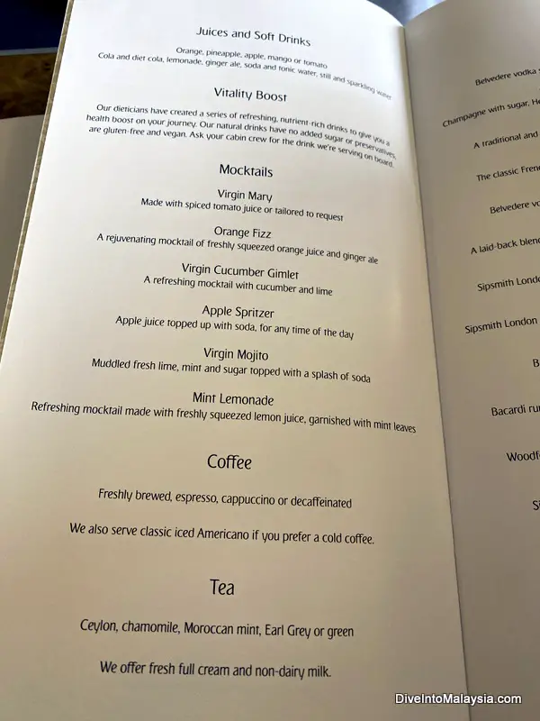 Emirates business class food and drinks menu