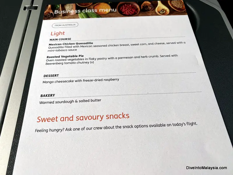 The Jetstar business class menu for dinner