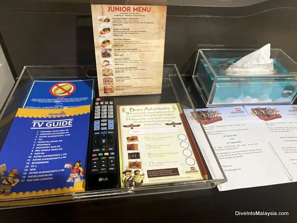 Legoland Hotel Malaysia Adventure themed room Some fo the room service menu and the questions to open the safe