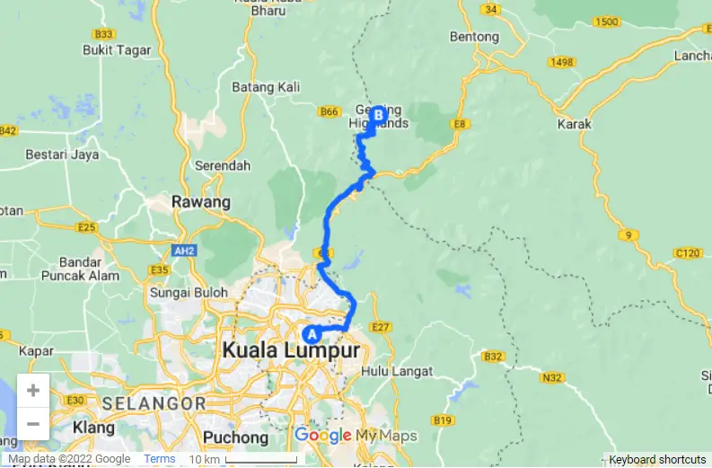 KL to Genting Highlands map
