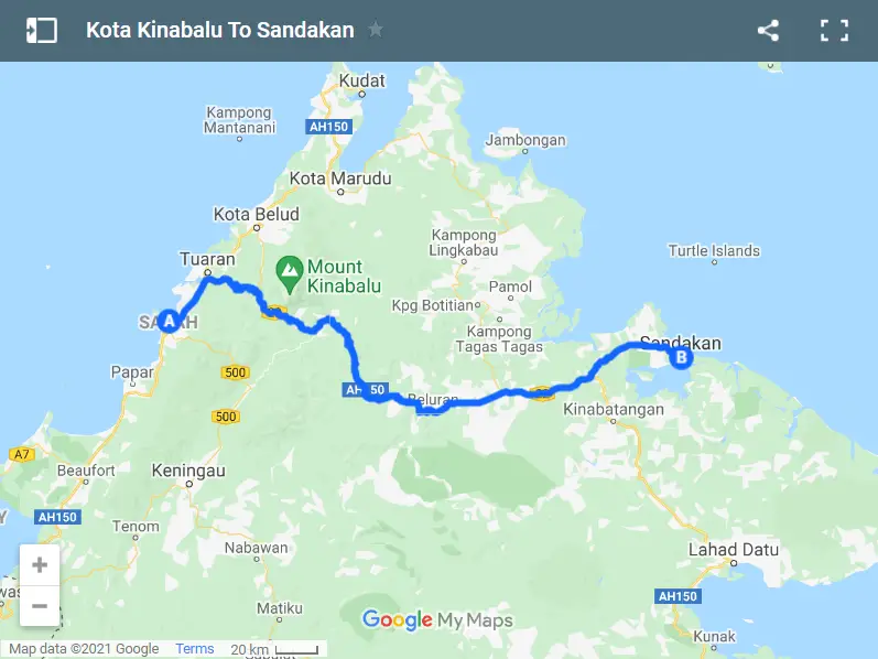 Kota Kinabalu To Sandakan map