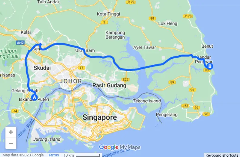 Legoland to Desaru map