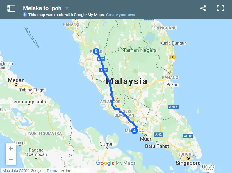 Melaka to Ipoh map