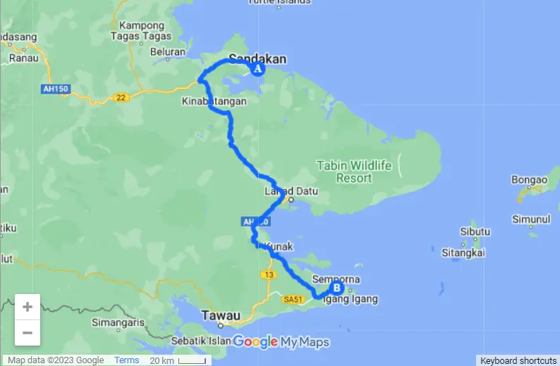 Sandakan to Semporna map