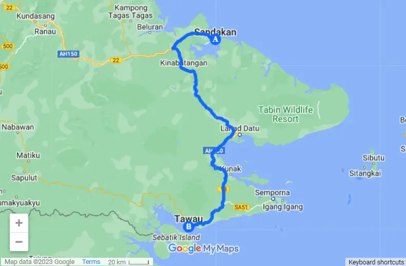 Sandakan To Tawau map